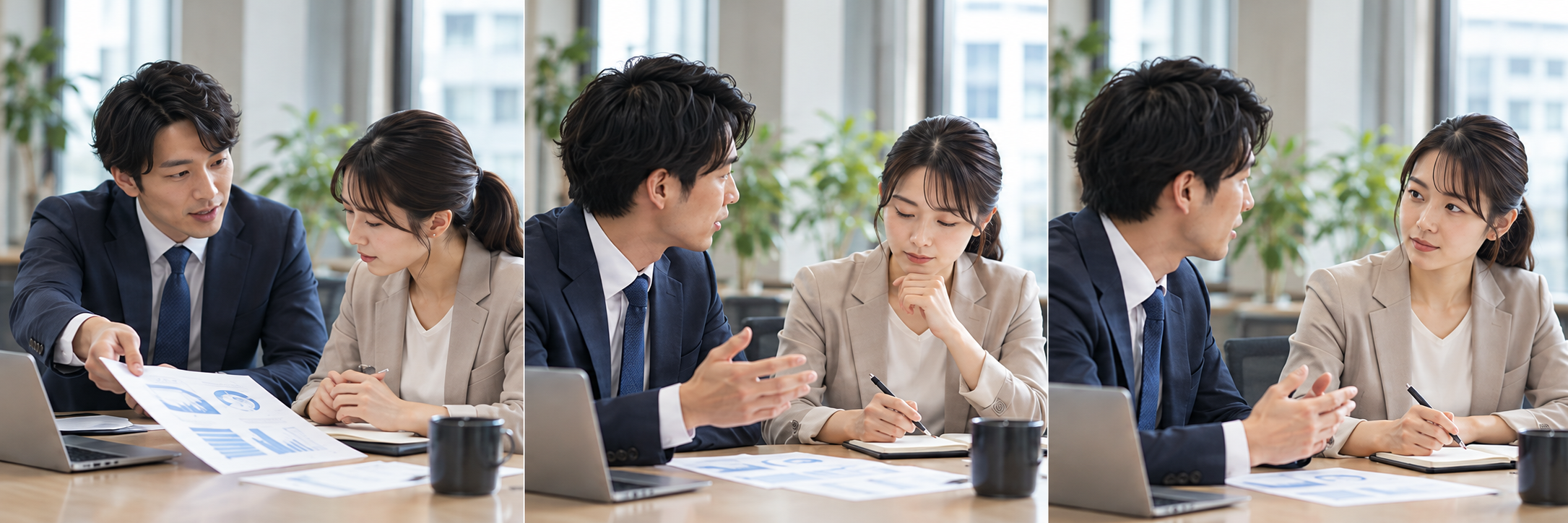 資料を示す、その後に会話が続き、相手が顔を向ける、一連のやり取りを表すイメージ写真